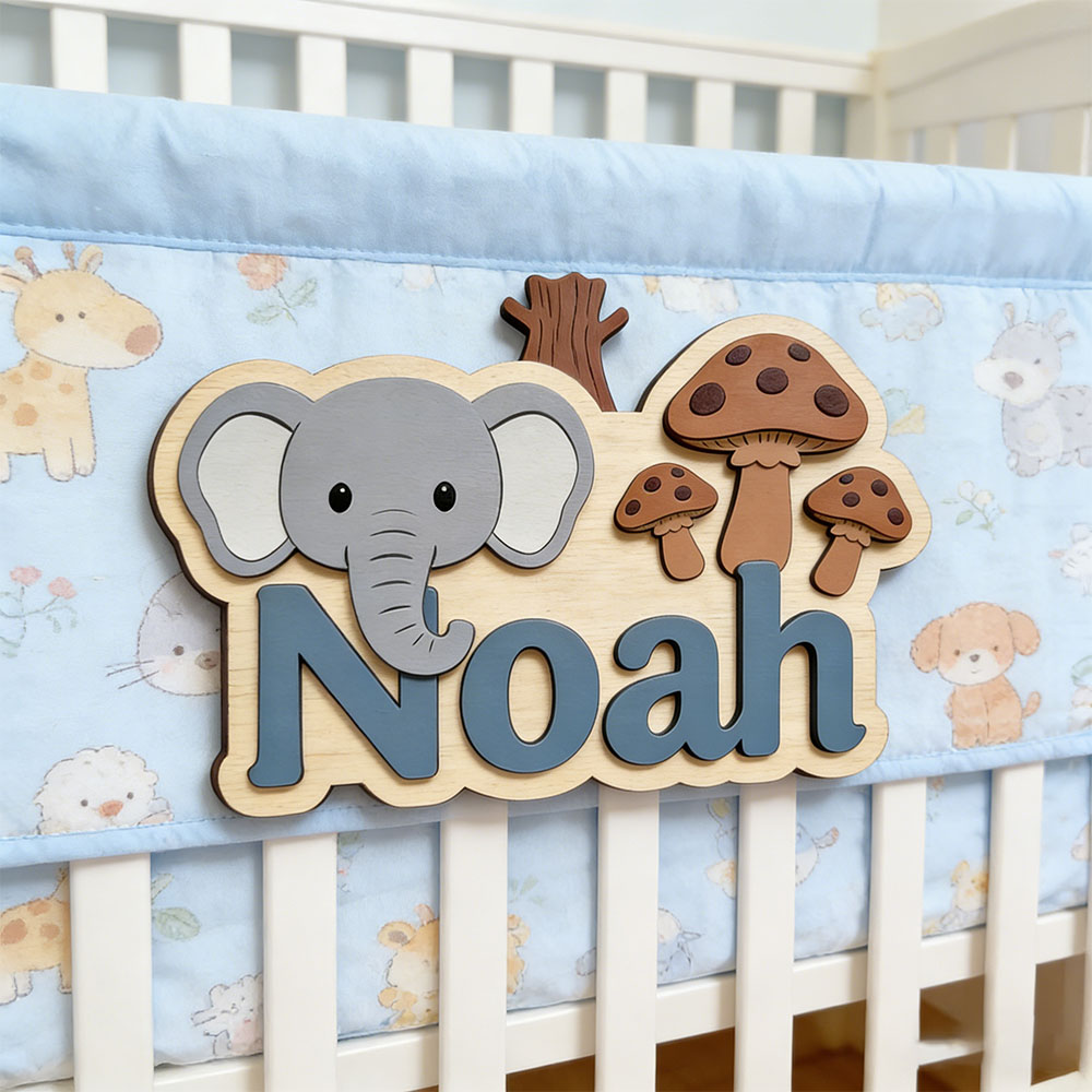 Baby Nursery Elephant Theme - Anpassbare Cartoon-Elefanten- & Pilz-Namensplakette Personalisiertes Holztürschild