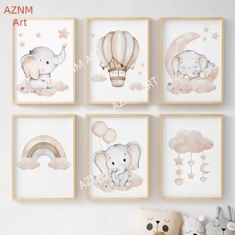 Baby Nursery Posters - Elefanten-Ballon, Regenbogen, Mond, Sterne, Wolke, Schaukel,