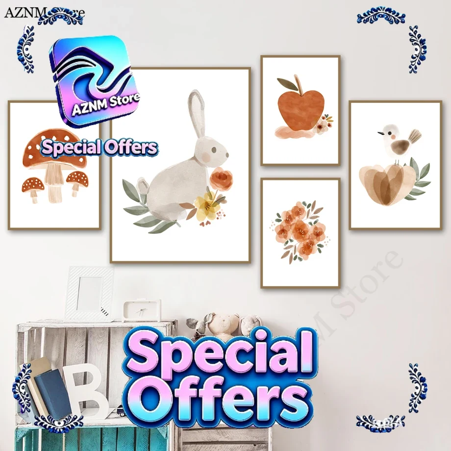 Baby Nursery Murals - Aquarell Blumen Kaninchen Vogel Apfel Pilz