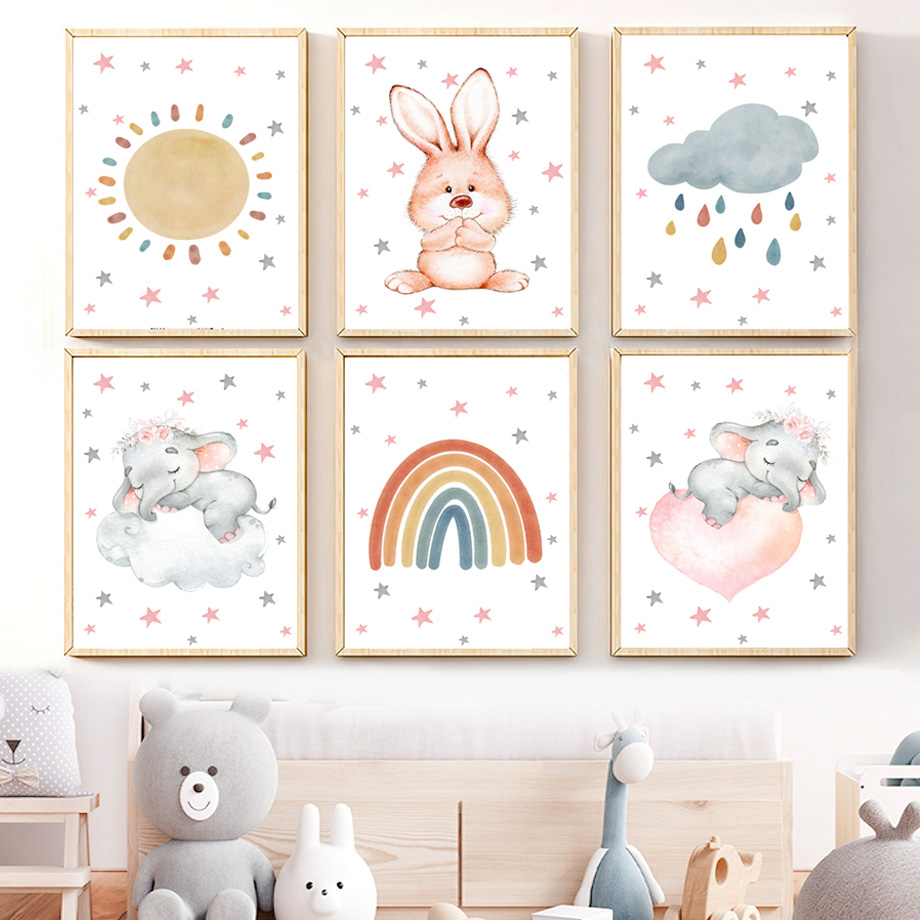 Baby Nursery Murals - Aquarell Kinderzimmer Wandkunst Leinwand Boho Regenbogen