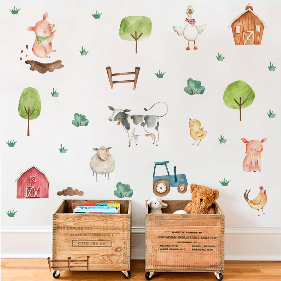 Baby Nursery Murals - Boho Aquarell süße Bauernhof Tiere Schwein