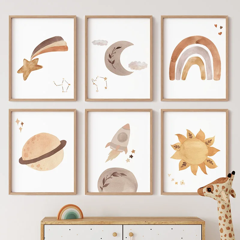 Baby Nursery Murals - Aquarell Regenbogen Sonne Mond Rakete Planet