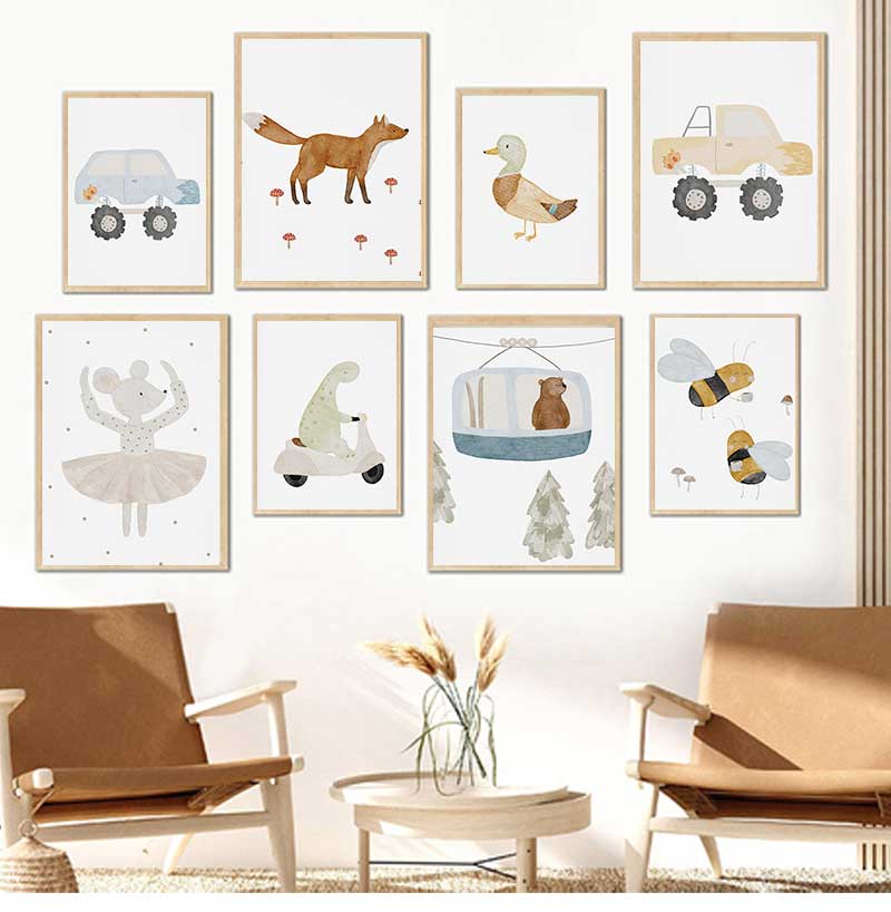 Baby Nursery Posters - Cartoon Gans Biene Bär Ente Dinosaurier