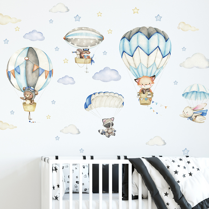 Baby Nursery Products - Cartoon Niedliche Tiere Heißluftballon Wandaufkleber für