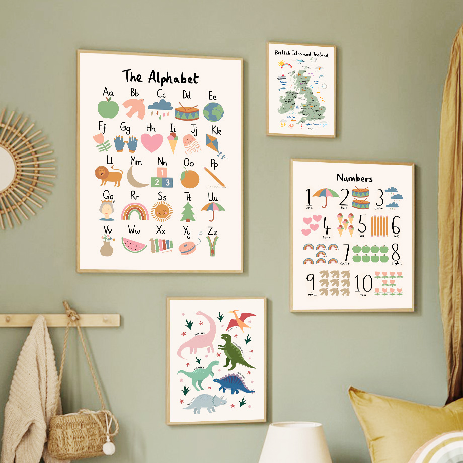 Baby Nursery Posters - Tierwelt-Karte, Dinosaurier-Alphabet, Zahlen, Leinwand-Wandkunst, Gemälde, Poster,