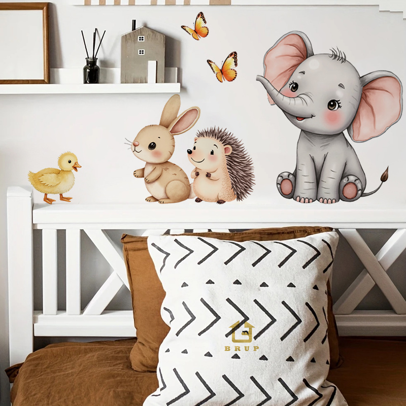 Baby Nursery Vinyl - Cartoon-Tier-Wandaufkleber – Elefant, Hase, Igel, Kinderzimmer-Aufkleber,