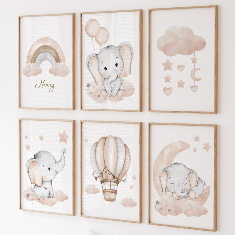 Baby Nursery Posters - Niedlicher Elefant, heißer Ballon, Mond, Regenbogen,