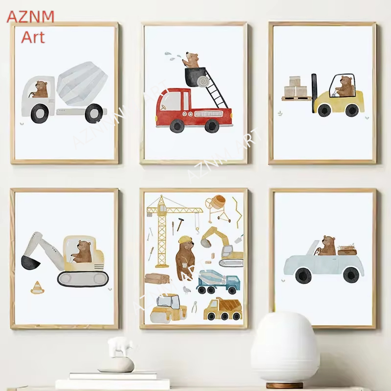 Baby Nursery Posters - Niedliche Boho-Bären, Krane, Bagger, Traktoren, LKW
