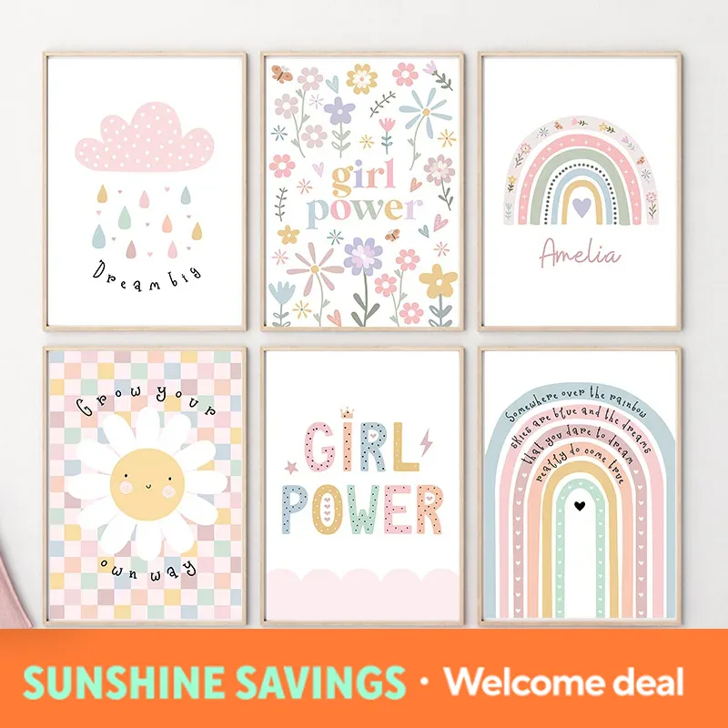 Baby Nursery Posters - Sonnenblumen-Regenbogen-Wolken-Herz Kinderzimmer Wandkunst Leinwanddruck Nordische Cartoon-Poster