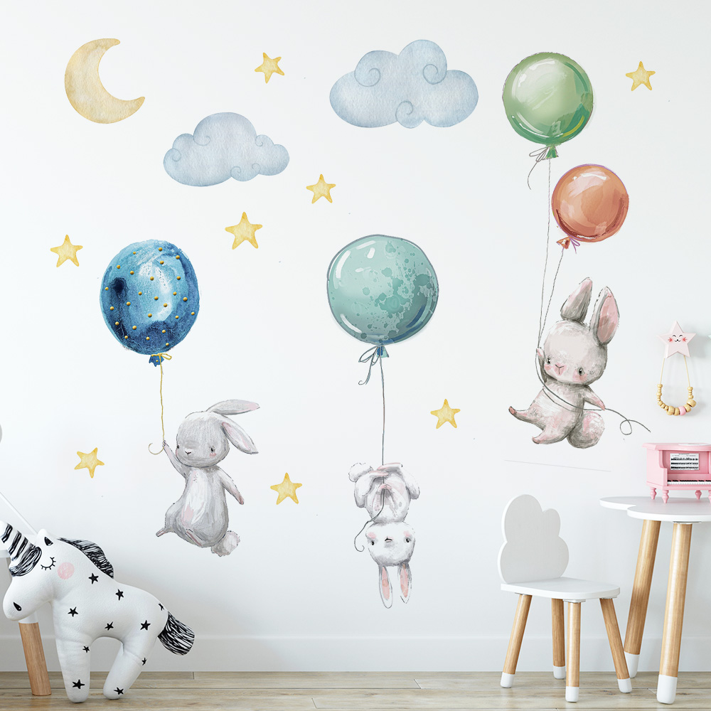 Baby Nursery Murals - Niedliche schöne fliegende Kaninchen Wandaufkleber Luftballons