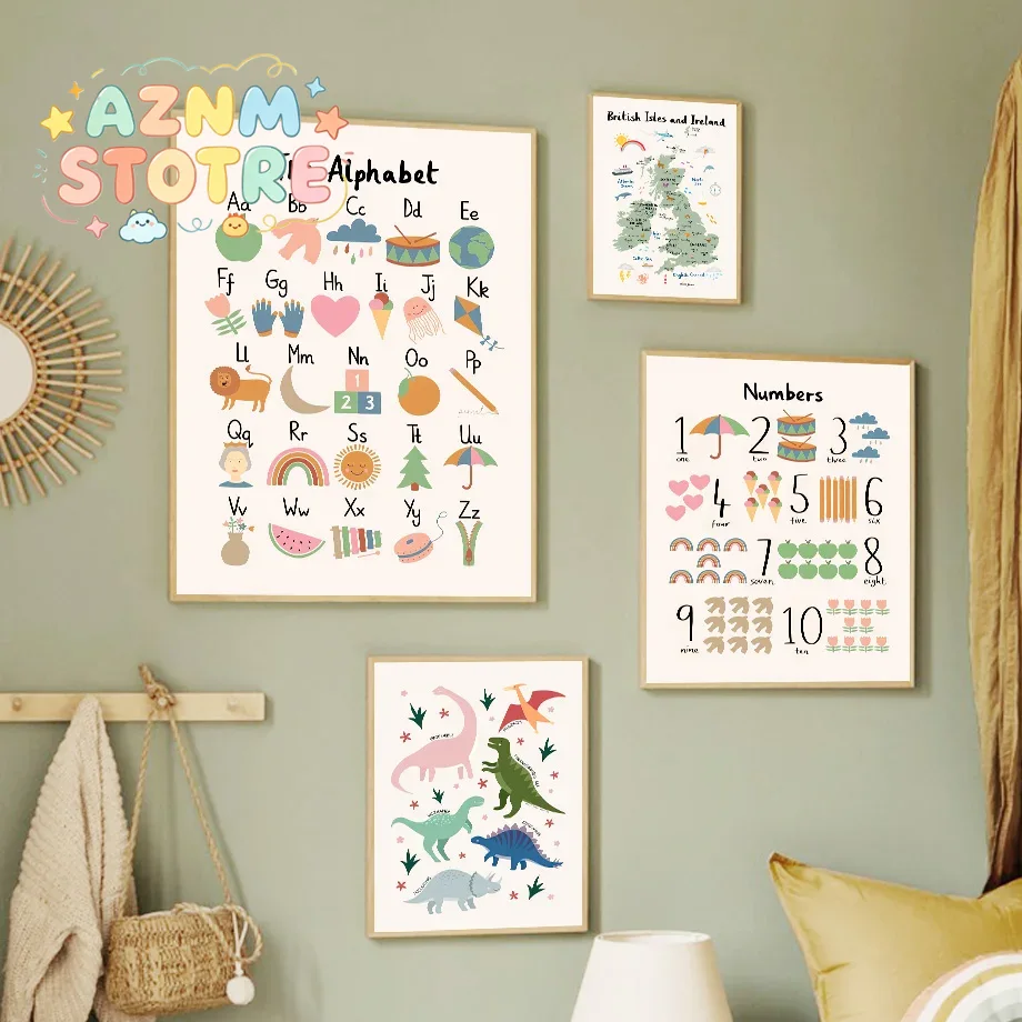 Baby Nursery Products - Tierweltkarte Dinosaurier Alphabet Zahlen Leinwand Wandkunst