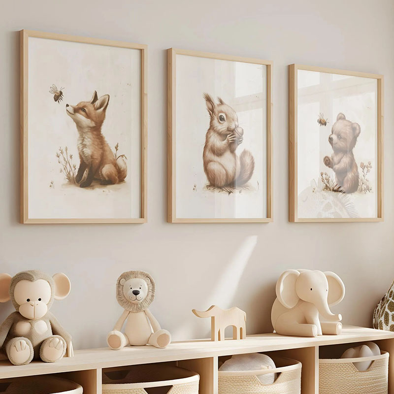 Baby Nursery Posters - Bär, Hase, Fuchs, Hirsch, Eichhörnchen, Maus